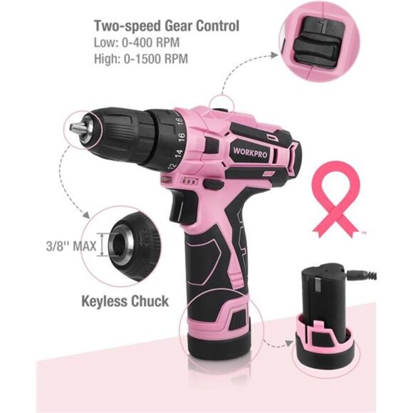Pink Cordless Drill Driver Set, 12V Electric Screwdriver Driver Tool Kit - Picture 4 of 7